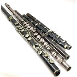 Five various flutes for restoration or display by Miller Browne, Hawkes & Son, Boosey & Hawkes etc