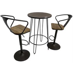 NEXT Home - rustic pine and wrought metal bistro table, circular top over dark grey metal base (W61cm H104cm); and pair of matching high stools, with swivel and adjustable height action (H113cm)