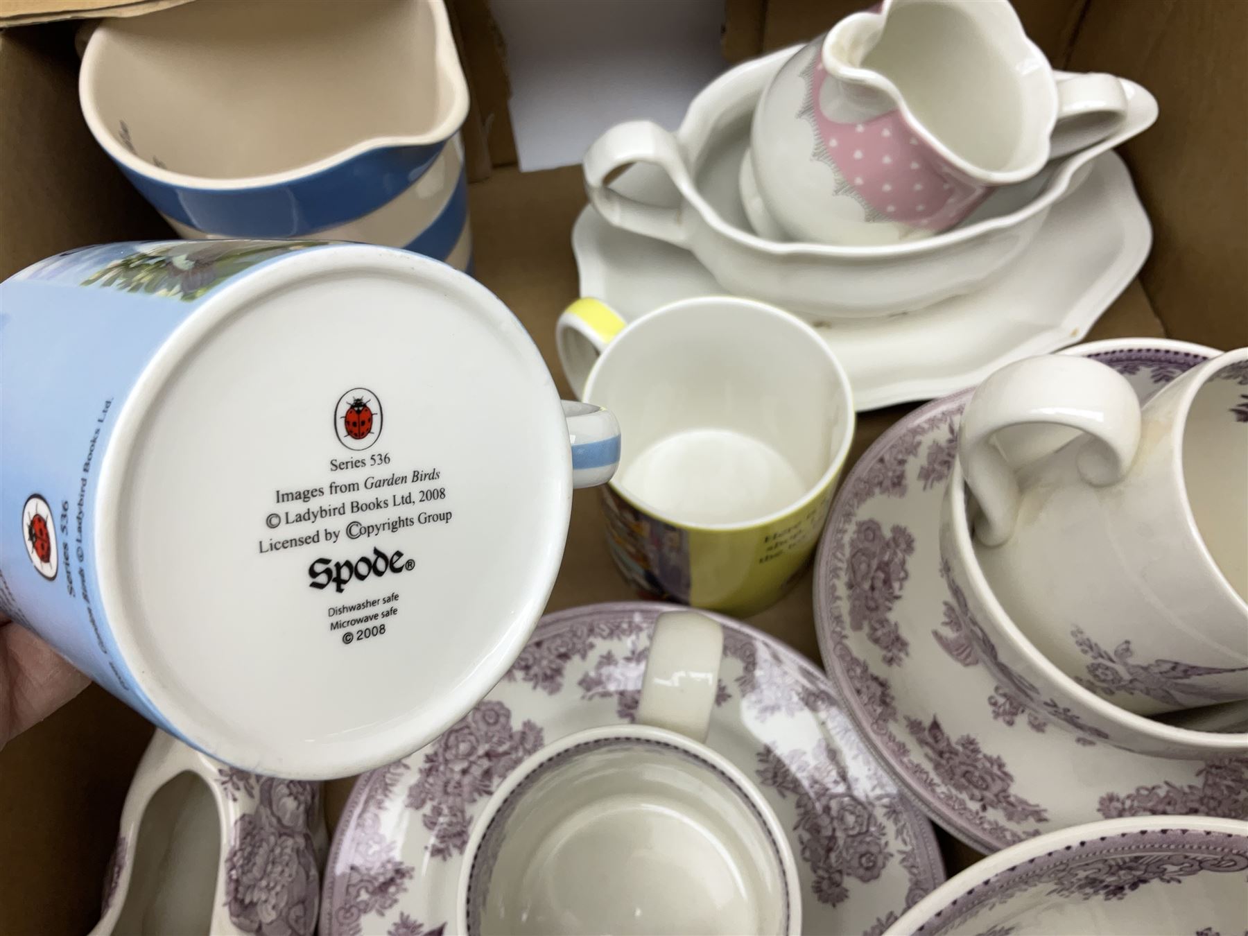 Shelley bowl, TG Green measuring jug, Villeroy & Boch sauce boat and stand, Burleigh Asiatic Pheasants plum cow creamer, cylindrical vase, mugs, bowls, jug etc, Spode 'Full Cry' The Hunt plate, Spode Ladybird mugs, Portmeirion, Meakin, Carlton China, teawares, ceramics etc