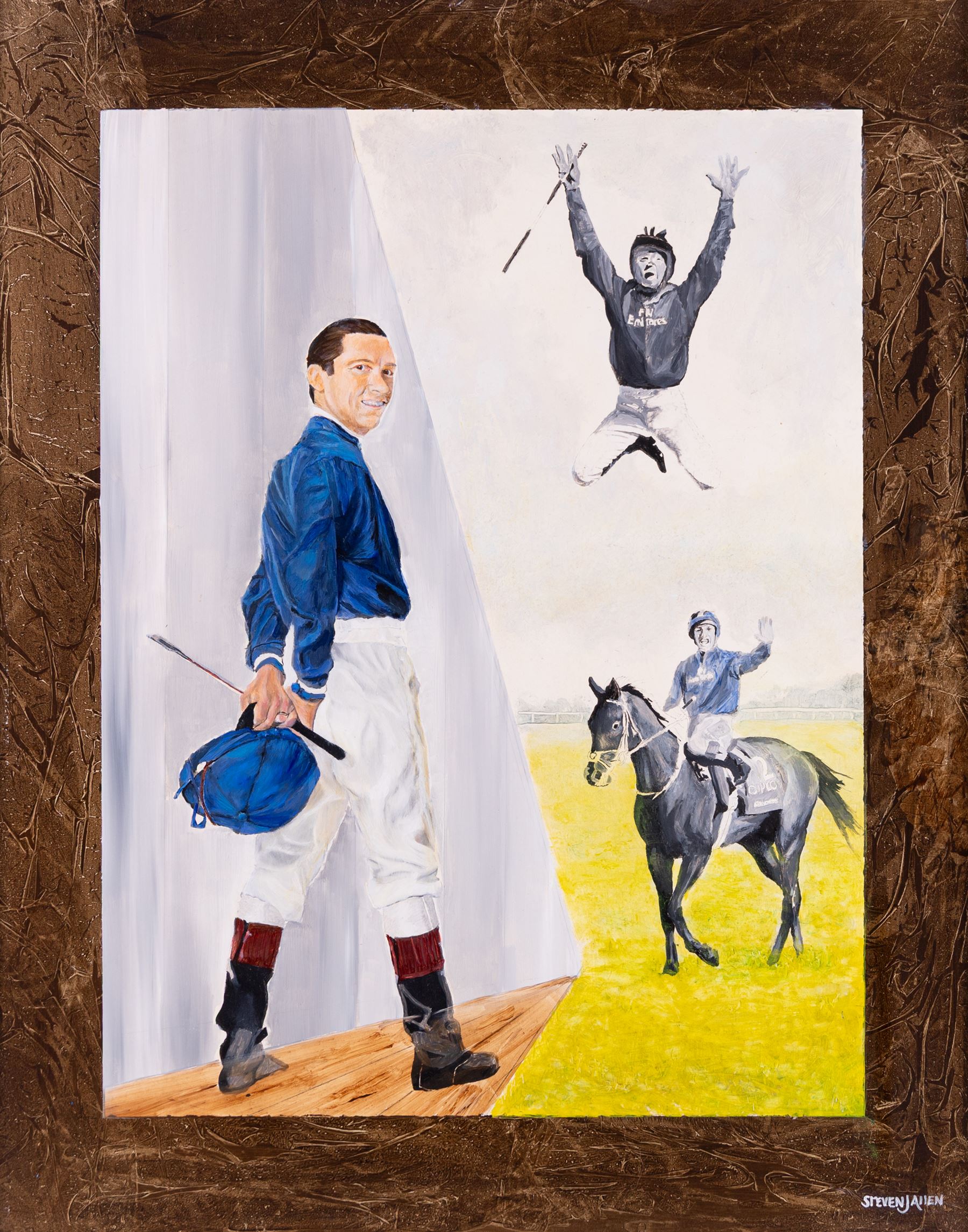 Steven J Allen (British Contemporary): Portraits of Franki Dettori, oil on board signed 49cm x 39cm 