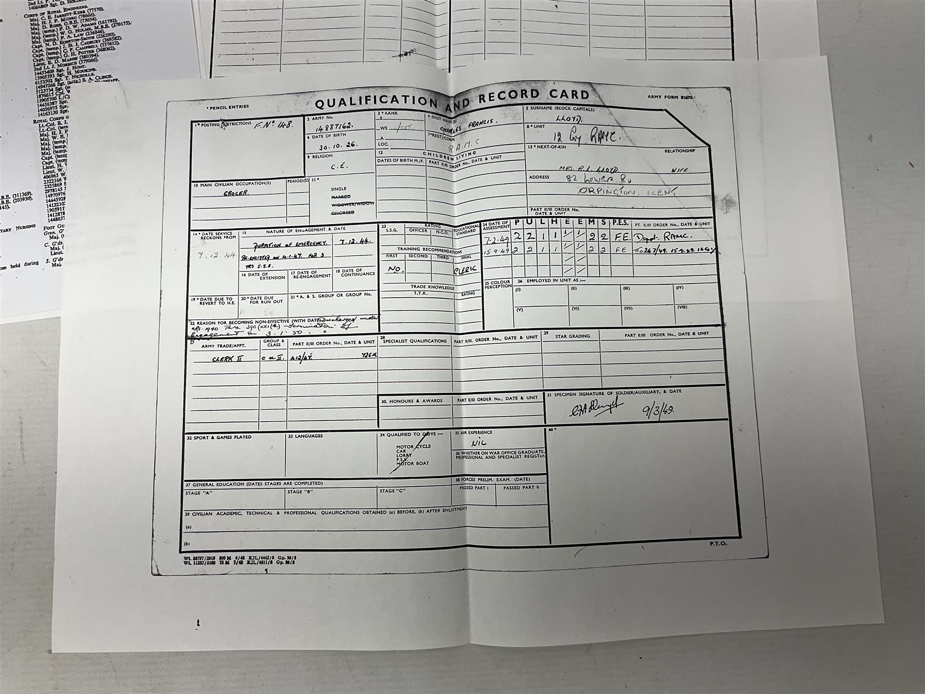 George VI General Service Medal with two clasps for Palestine 1945-48 and Cyprus and MID oak leaf awarded to 14887162 Sjt. C.F.A. Lloyd R.A.M.C. together with WW2 War Medal 1939-1945; both with ribbons; and quantity of photocopied research material including Army Records and London Gazette