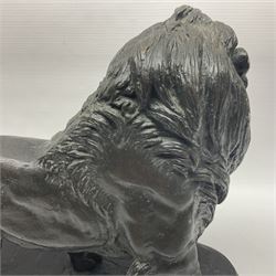 After Paul Edouard Delabrierre (French, 1829-1912), bronze, model of a lion, upon an oval base, signed E Delabrierre, overall H29.5cm, L46cm