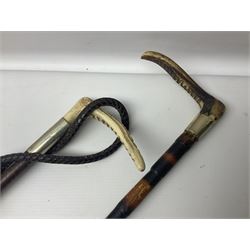 Collection of hunting crops and riding whips, including horn handle examples with silver cuffs