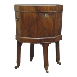  18th century mahogany hexagonal wine cooler, hinged top with tin liner on square moulded supports with brass sockets and castors, W49cm, H71cm,   