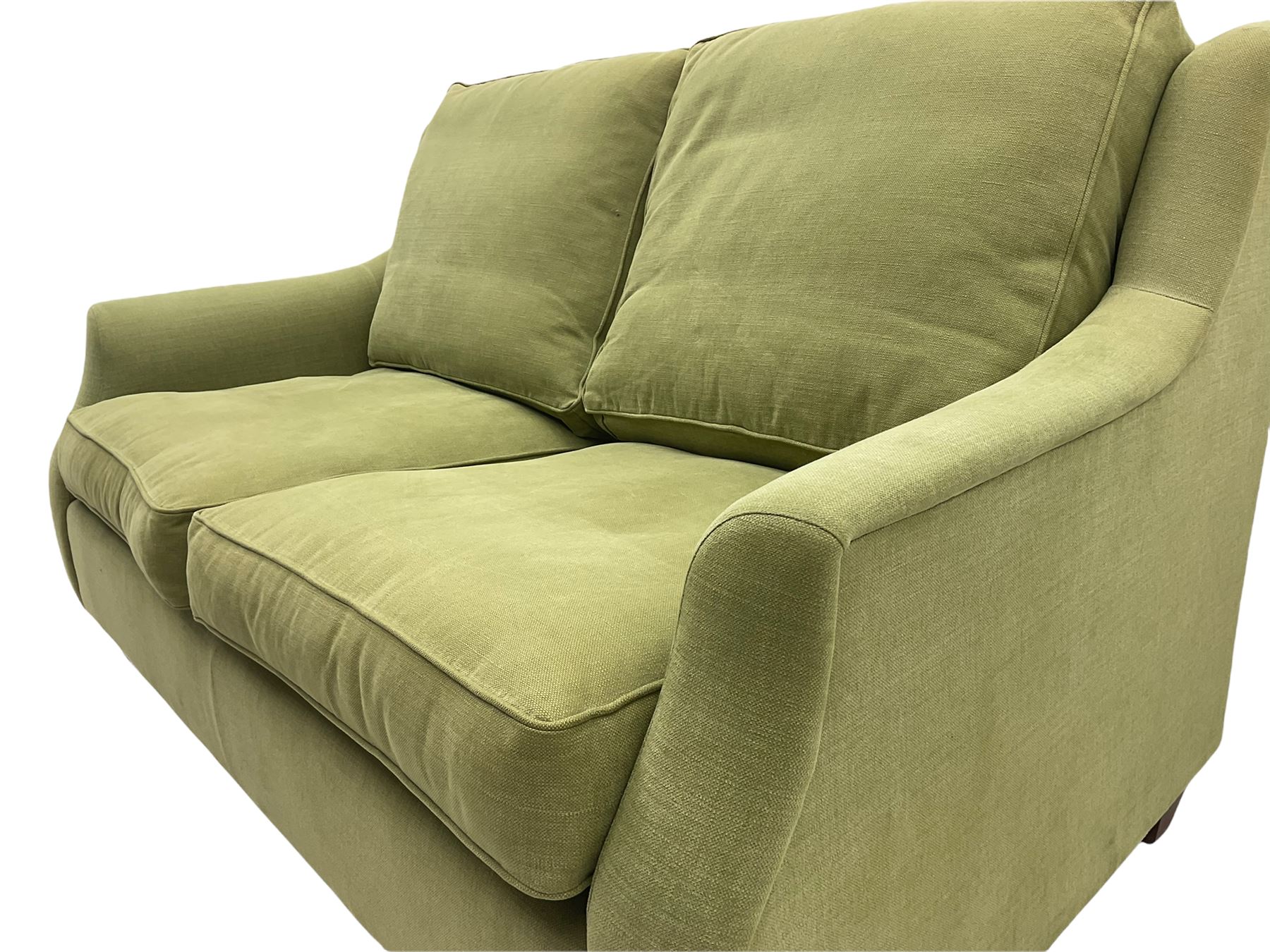 Wesley-Barrell two seat sofa and pair of matching armchairs, upholstered in sage linen fabric