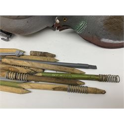 Eighteen plastic pigeon decoys comprising ten full body and eight shells with quantity of various stakes; some marked made in Italy
