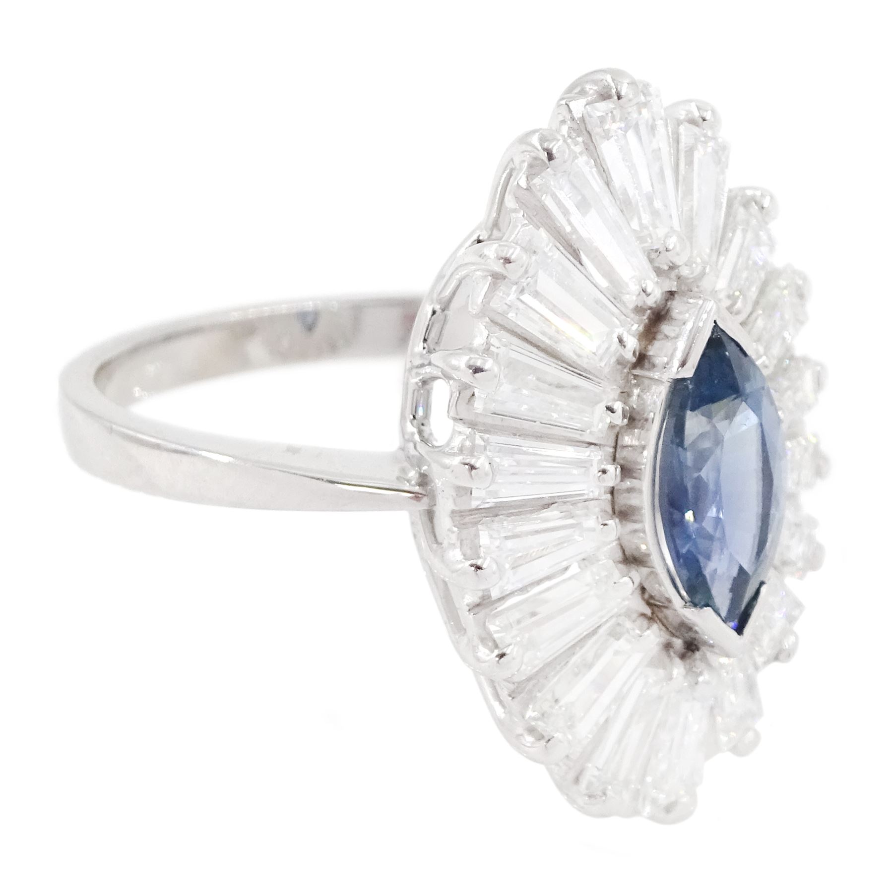 14ct white gold sapphire and diamond cluster ring, single unheated marquise cut teal sapphire of approx 0.93 carat, with tapered cut diamond surround, total diamond weight approx 2.20 carat, with Alan Poultney Gems report