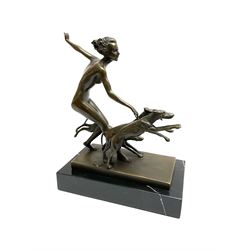 Art Deco style bronze, after Josef Lorenzl, modelled as a nude female figure with three dogs, signed and with foundry mark, raised upon a rectangular marble base, overall H23cm