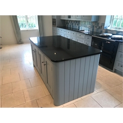  Hovingham Interiors - hardwood framed painted kitchen island, two panelled double cupboards to one side, three drawers and two single cupboards to other side, rounded rectangular granite top, tongue and groove sides, hardwood plinths, 187cm x 97cm, H89cm  