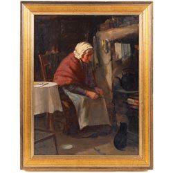 David W Haddon (British fl.1884-1914): Old Lady with Black Cat Toasting Bread on the Kitchen Range, oil on board signed 40cm x 30cm 
Provenance: David Duggleby Ltd 26th November 2021 Lot 182