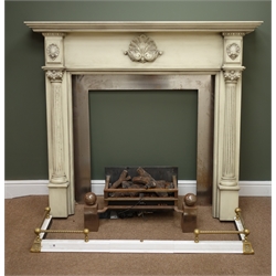  Adams style classical cream painted fire surround, detailed shell carvings, two Corinthian style columns, steel surround (W148cm, H130cm) electric fire basket and fire surround  