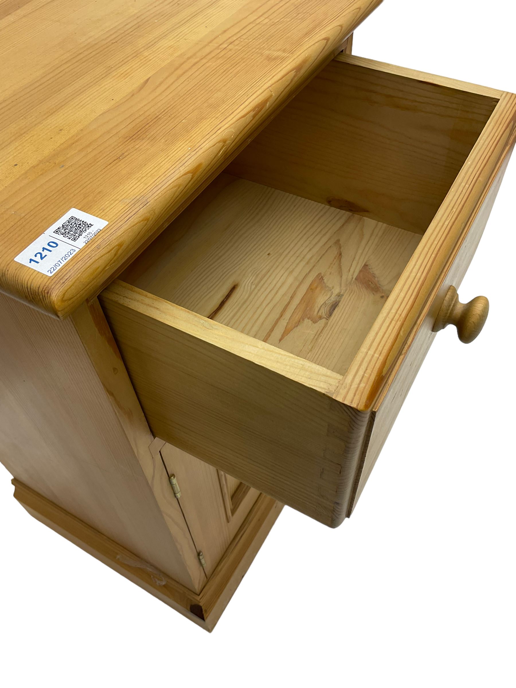 Pair traditional pine bedside cabinets, single drawer over cupboard