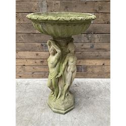 Cast stone bird bath, pedestal in the form of 'The Three Graces'