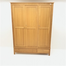  Light oak triple combination wardrobe, three doors above one long and one short drawer, stile supports, W153cm, H204cm, D55cm  