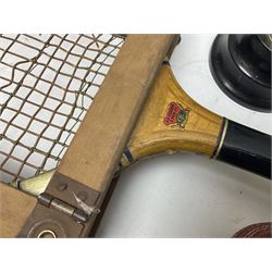 Walking cane, tennis racket, cricket ball (signed) and knight novelty cigarette lighter 