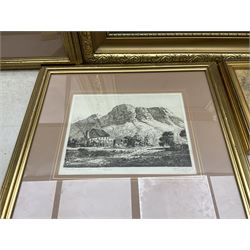 Three oil paintings and two etchings, faintly or indistinctly signed, largest 28cm x 39cm (5)