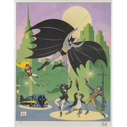 Two limited edition signed prints, comprising 'Batman: The Golden Years', signed to bottom right corner by Batman co-creator Bob Kane, printer's proof no. 87/100, released to commemorate Batman's 50th Anniversary and 'Superman: The Soaring Eagle', signed to bottom left by Jose Luis Garcia-Lopez, released to commemorate Superman's 50th Anniversary, artwork largest H50cm, W40cm, framed
