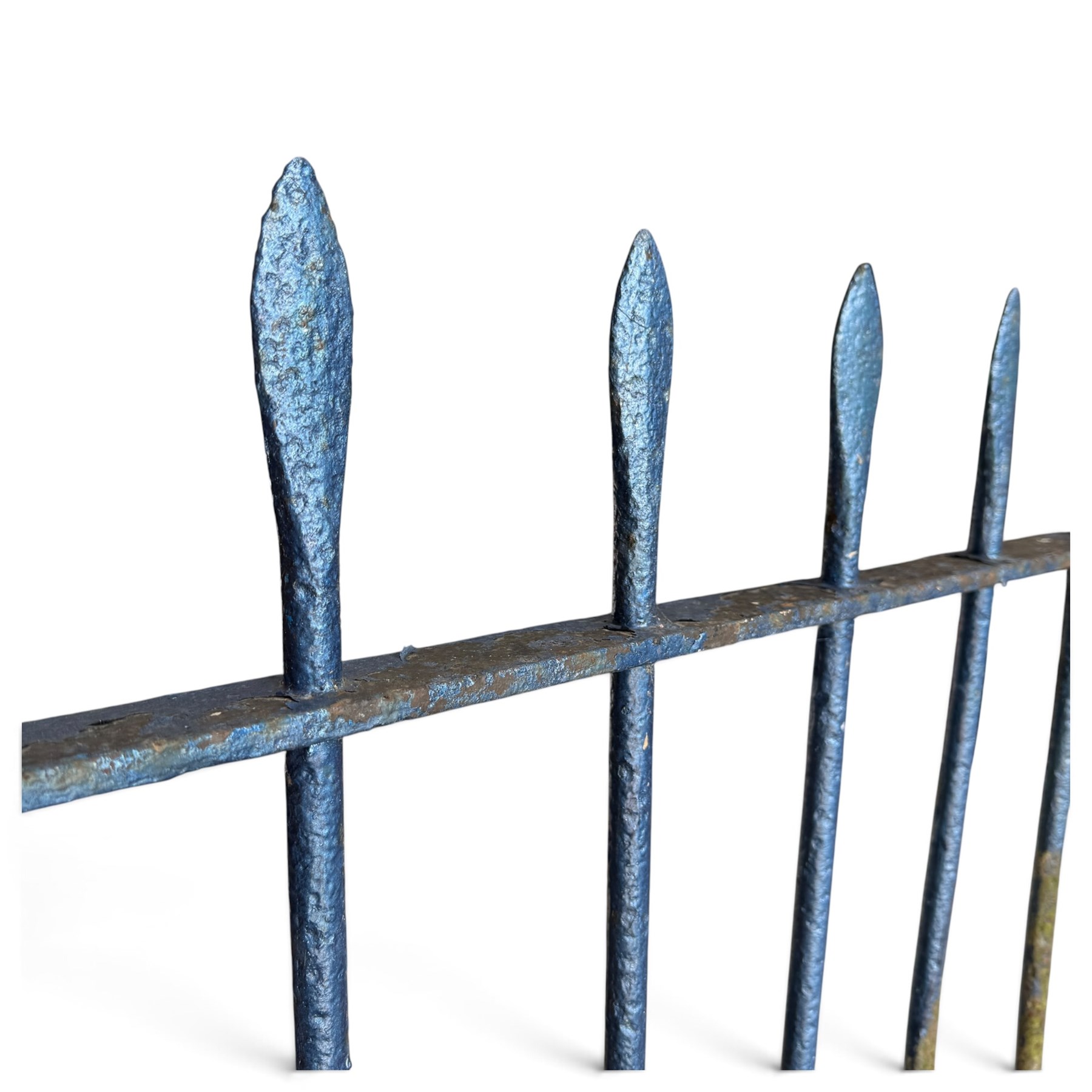 Two sections of painted iron garden or estate boundary railing, comprising a 19th century wrought iron section with graduated spearhead uprights, together with a later hoop-top section with ball-finial end posts, both in blue painted finish