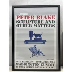 Peter Blake (British 1932-): 'H' and 'E' Postcards from 'An Alphabet' series, signed; together with two posters 'Peter Blake - Sculpture and Other Matters' and 'Under Milk Wood', and a 'Books are my Bag' tote bag (5)