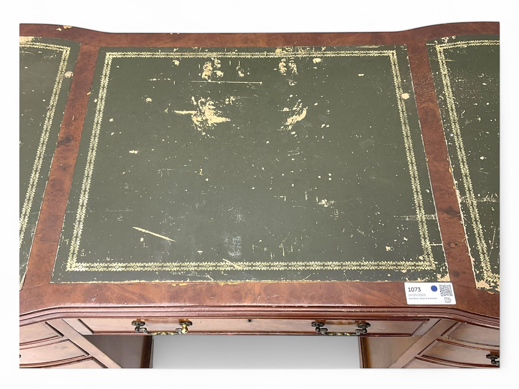 Queen Anne design burr walnut pedestal desk, of serpentine form with green tooled leather inset top, nine drawers with brass swan-neck handles, raised on bracket feet, in three parts