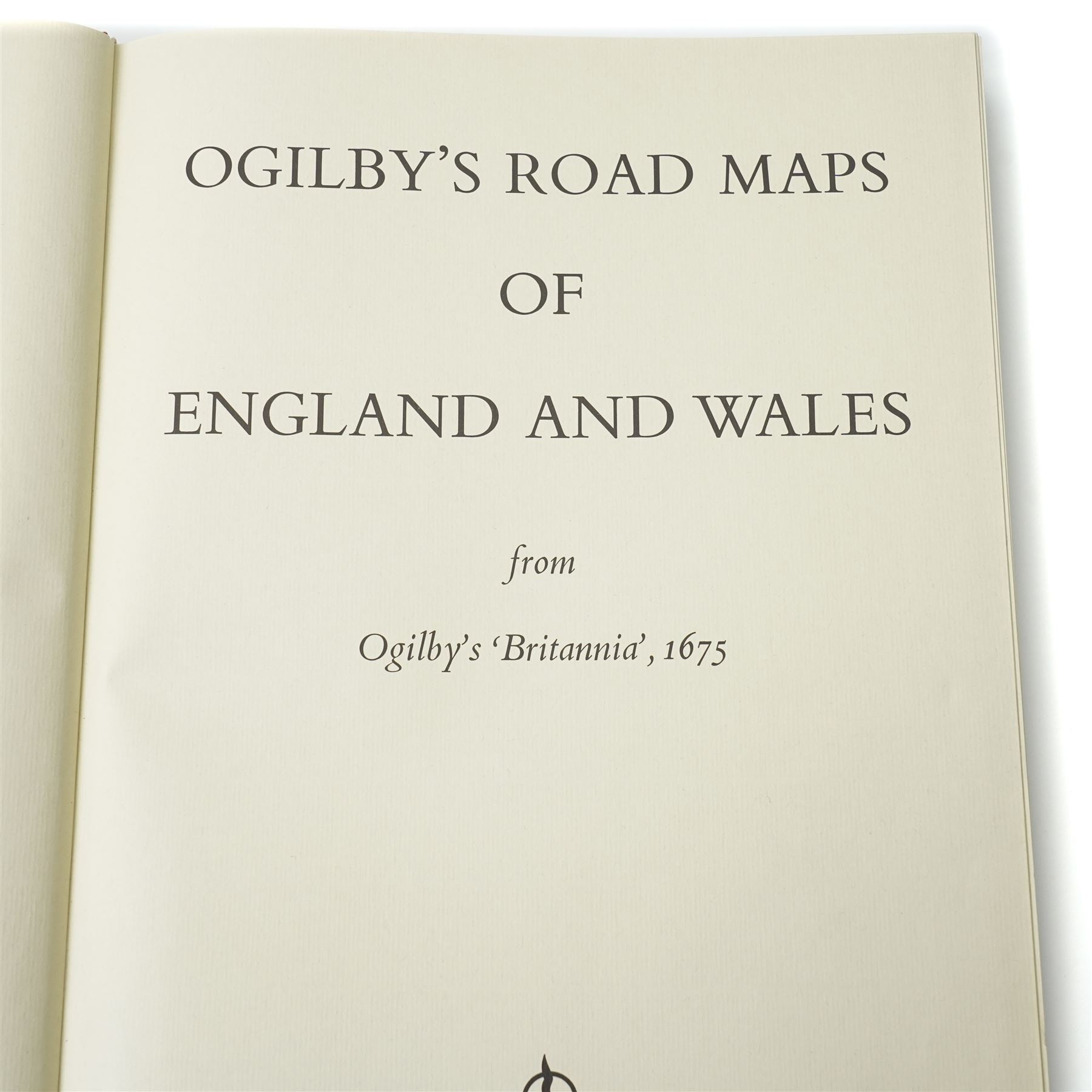 John Ogilby (British 1600-1676): 'Ogilby’s Road Maps of England and Wales 1675', modern facsimile edition of Britannia pub. by Osprey Publications Ltd., Reading, 1971, printed in the Netherlands by Miedema & Co., large folio red cloth gilt containing full reproductions of Ogilby’s strip road maps and title pages