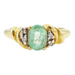 9ct gold five stone oval cut emerald and diamond ring, hallmarked, emerald approx 0.60 carat