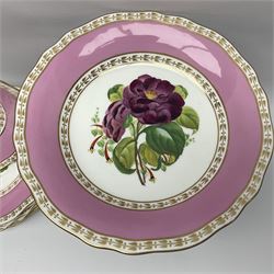 Victorian Copeland, Botanical dessert service, decorated with floral sprigs to the centre with a pink and gilt border, comprising five comports and seven plates, largest comport H20cm, plate D22cm