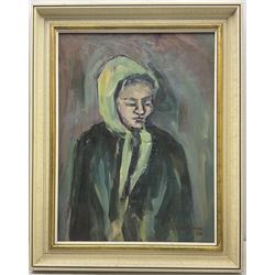 Maria Luisa Barra Nogueras (Spanish 20th Century): Lady in Green Scarf, signed and dated 1988, 60cm x 44cm