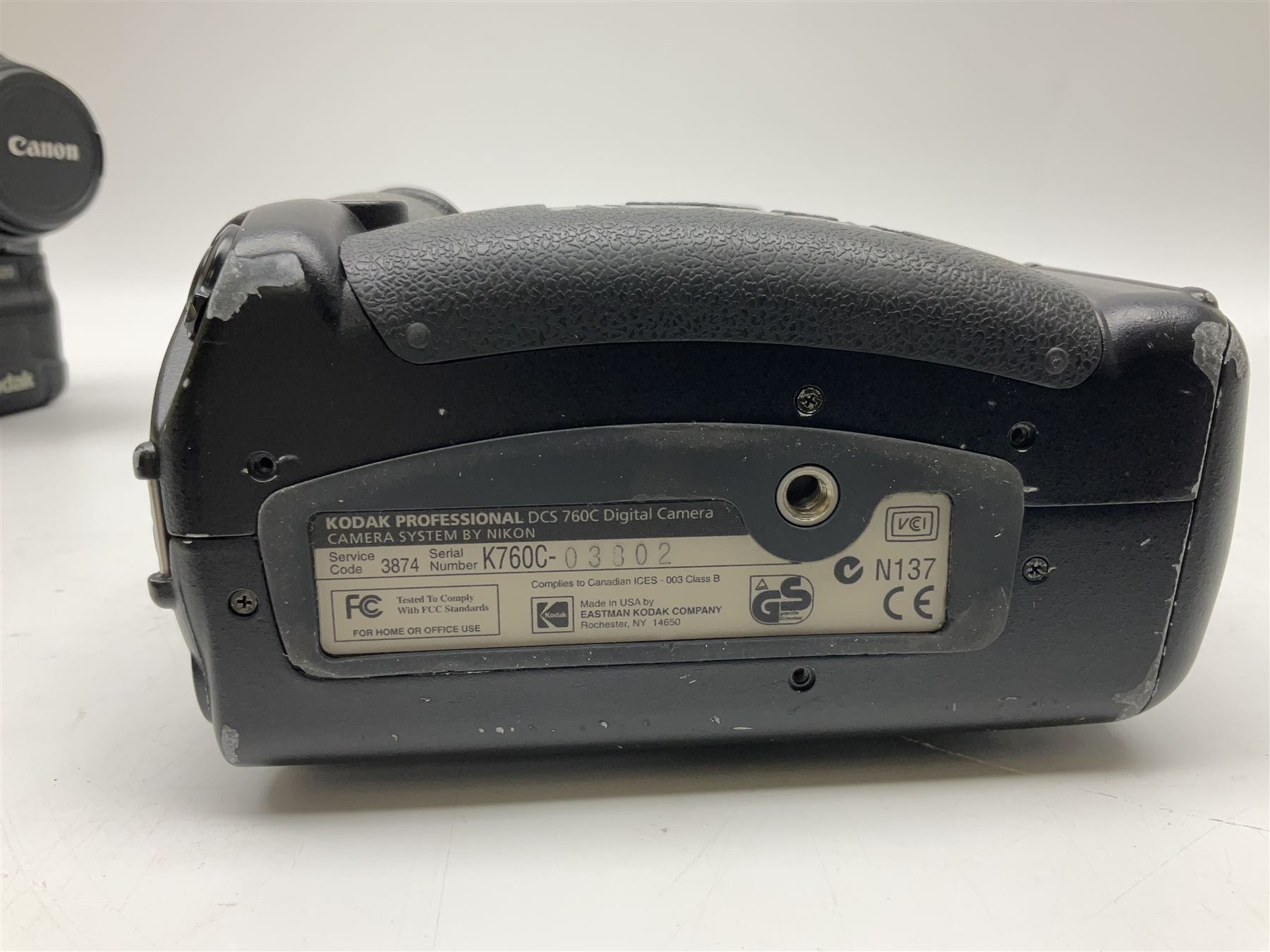 Canon EOS 1n Digital camera body, serial no. 260436, with 'Canon Zoom Lens EF 35-80mm 1:4-5.6 II Canon Inc. 52mm' lens, Kodak Professional DCS 520 digital module, and charger, serial no. K520C03165, together with Nikon F5 camera body with Kodak Professional DCS 760 digital module and charger, serial no. K760C03802