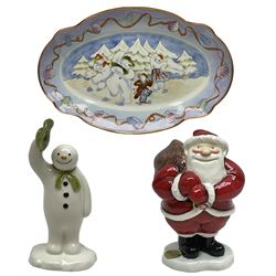 Two Beswick figures, composing The Snowman and Father Christmas, together with Border Fine Arts Enamel dish depicting a scene from The Snowman A3995, all in original boxes 