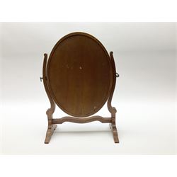 Early 20th century mahogany footstool, with ball and claw type feet and wool work top depicting a fruiting vine, H20cm, together with a small coopered oak bucket, H20cm, and a small mahogany swing dressing table or toilet mirror, H40cm, (3)