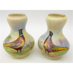  Pair late 19th century Locke & Co. Worcester vases painted with a Pheasant by W. Stinton, H9cm   