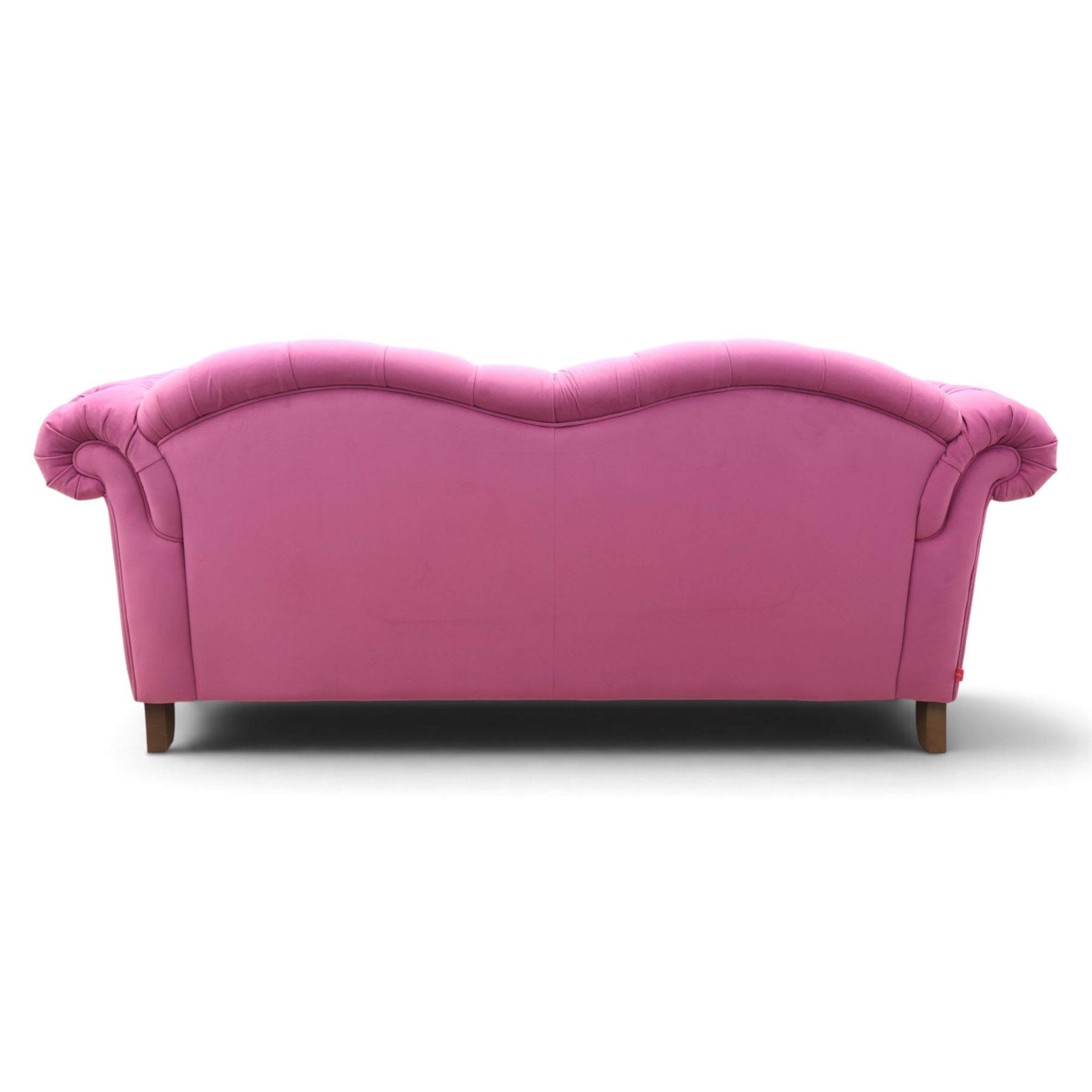 Joules - Windsor Chesterfield three seater sofa in pink velvet, shaped back with deep buttoned sides, loose seat cushion raised on turned and shaped supports