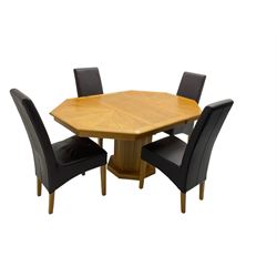 Oak octagonal extending dining table with additional leaf, octagonal pedestal base with fluting (150cm x 105cm x 76cm), and set four high back dining chairs upholstered in chocolate brown faux leather on square tapering supports (47cm x 54cm x 102cm)