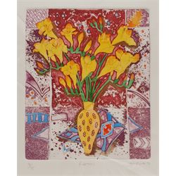 Tanya Short (British 1955-): 'Freesias', coloured etching signed titled and numbered 14/75, 15cm x 12.5cm; J Ortega (Contemporary): Iris and Tulip, pair coloured aquatints signed and numbered 50cm x 10cm (3) (unframed)