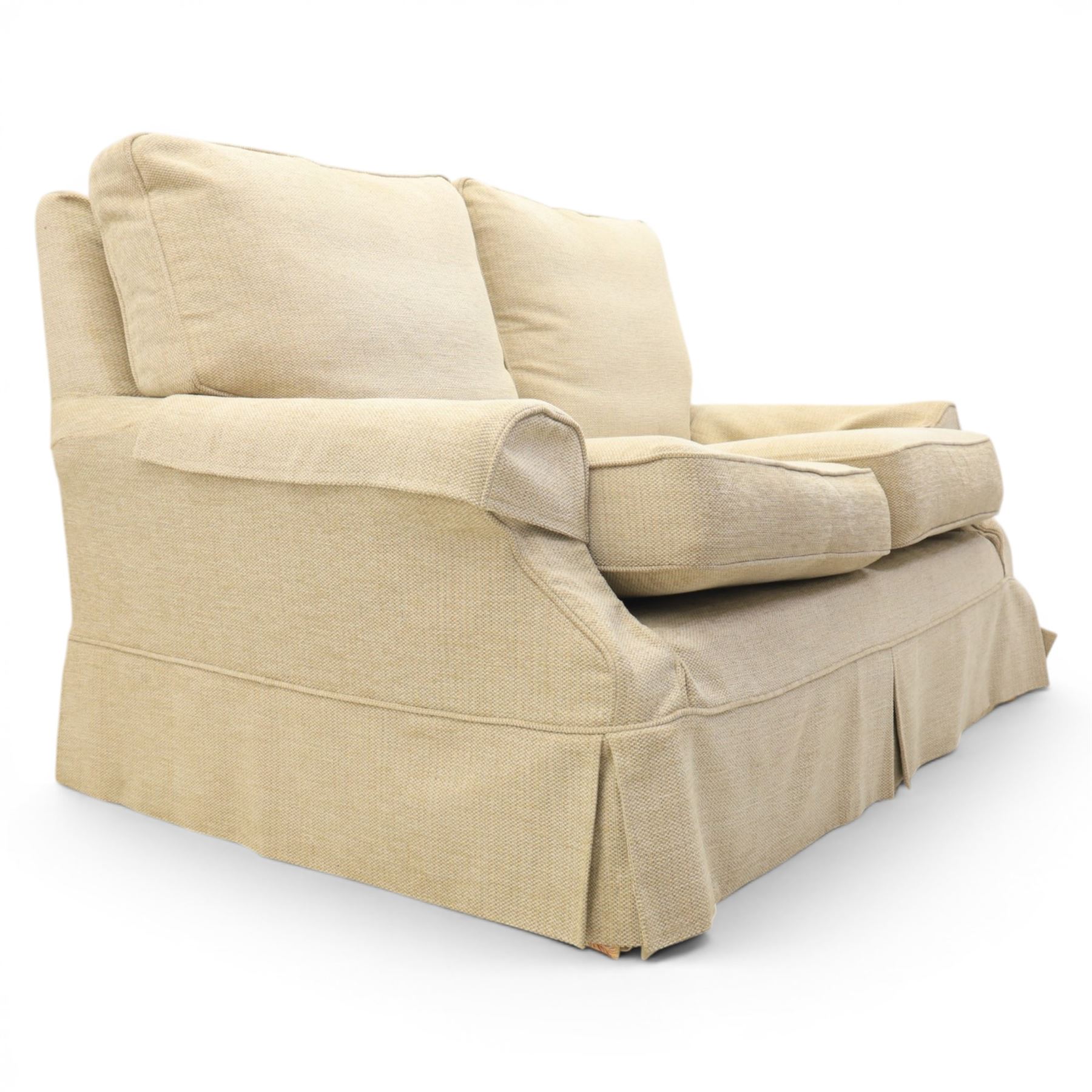 Wesley Barrel - two seater sofa and matching armchair,with scrolled arms and loose cushions, beige chenille fabric, raised on castors  (Armchair: H 100cm, D 100cm, W 87cm)