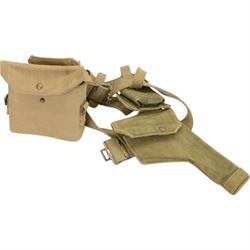 WWII and later British Army issued webbing, including gaiters, belt, with holster, ammunition case and binocular case attached etc 