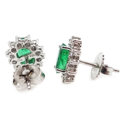  Pair of white gold emerald and diamond cluster stud earrings, hallmarked 18ct   