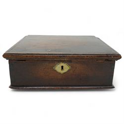 Early 18th century oak box with hinged lid and brass key plate W27cm