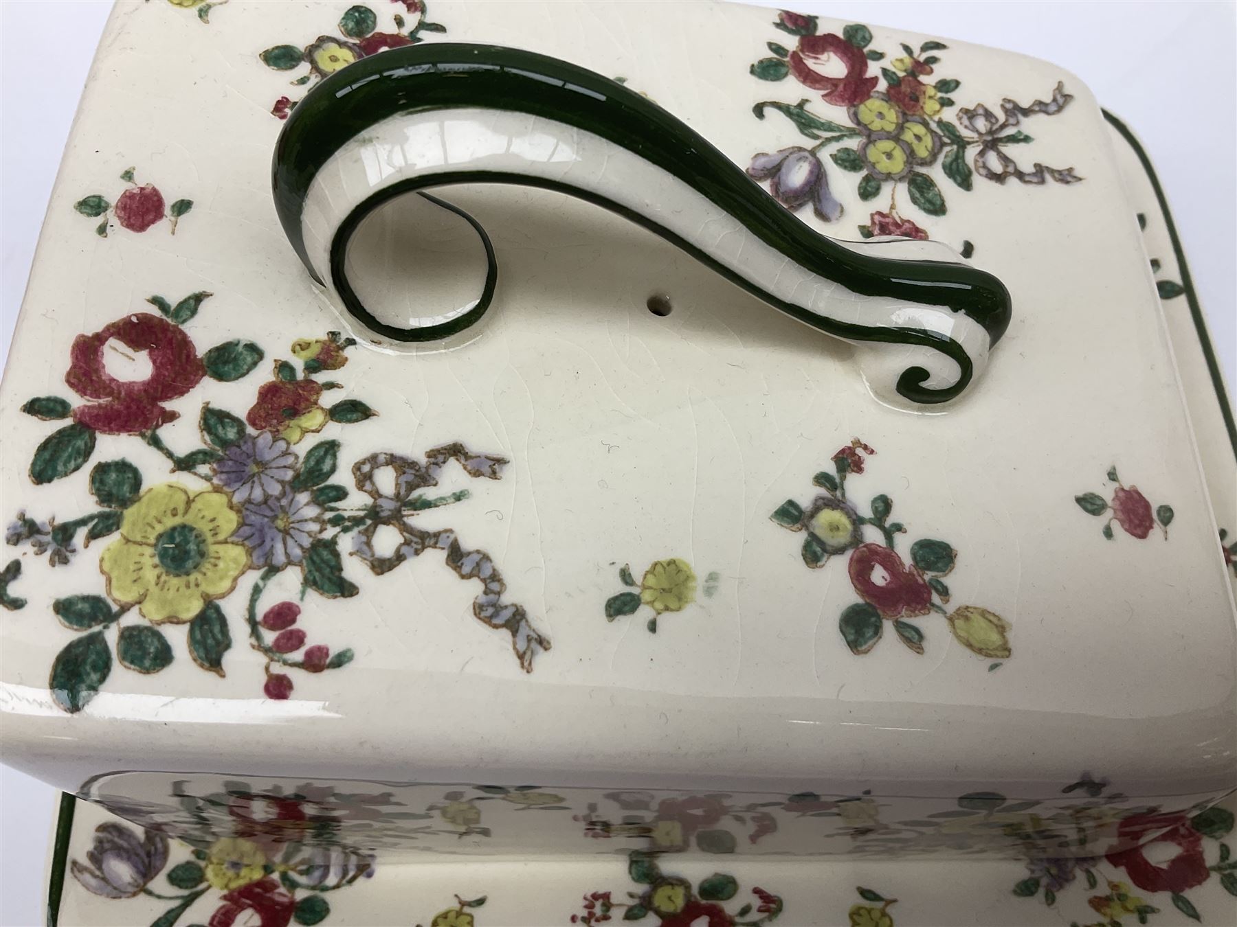 Royal Doulton part dinner service in Old Leeds Sprays pattern,  to include cheese dome, teapot and stand, egg cups etc, together with a selection of floral doilies.  