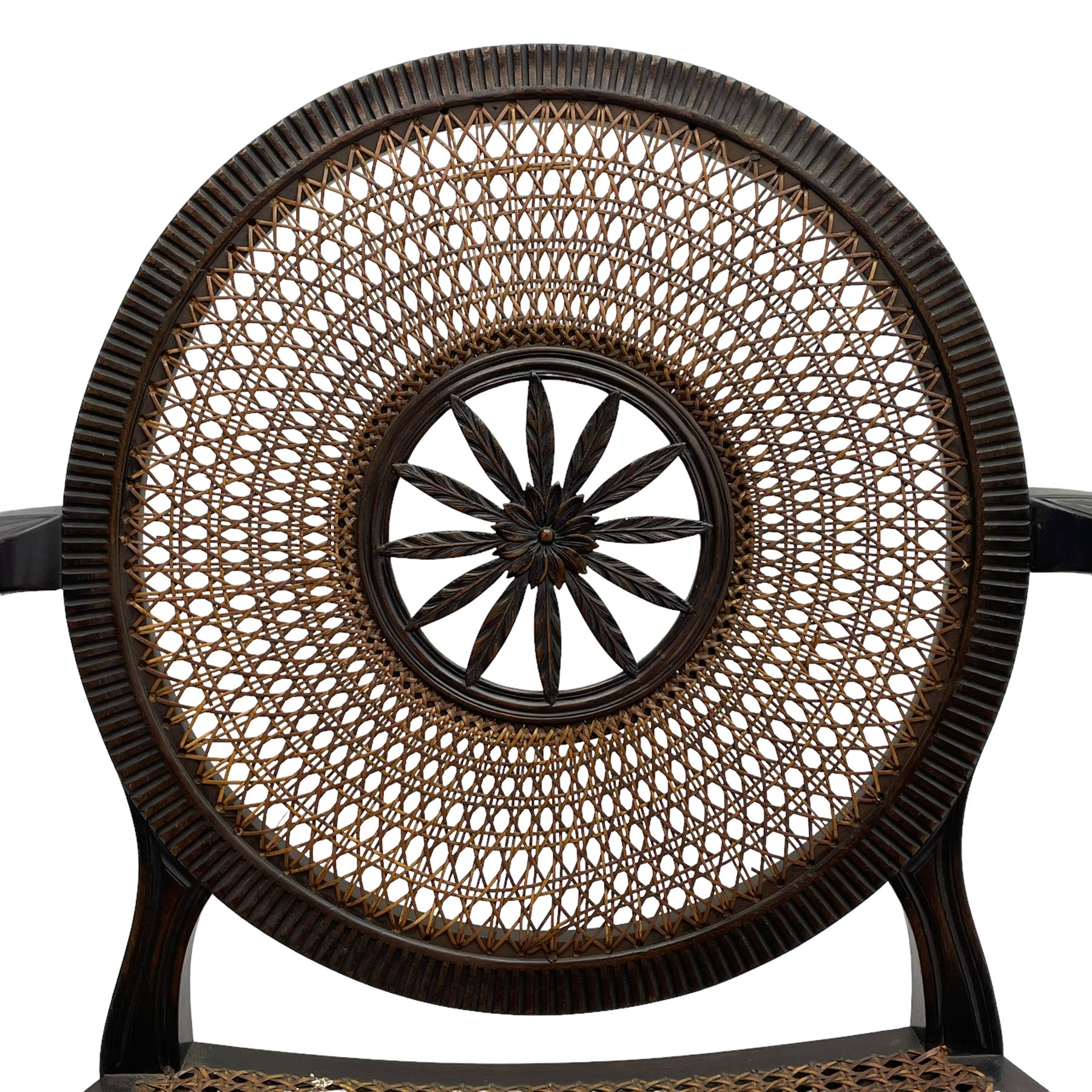 Mid-to late 20th century walnut Hepplewhite design elbow chair, circular cane back with pierced and carved central rosette, fluted frame with scrolling arms, cane seat raised on fluted rail and square tapering supports with spade feet