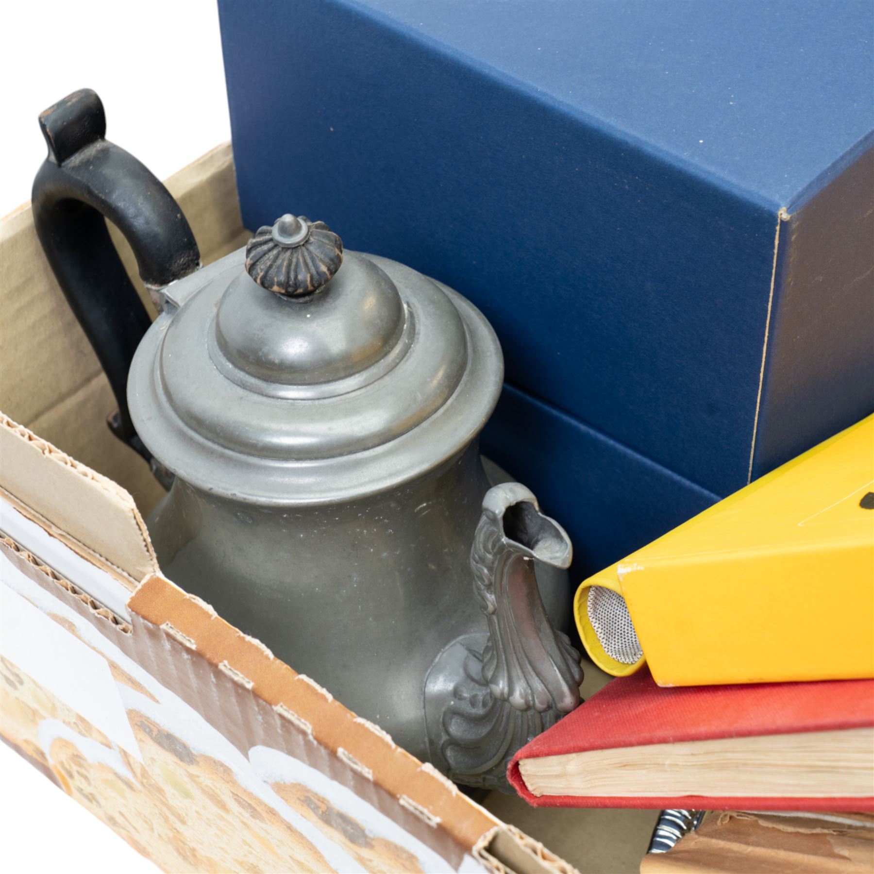 Copper jelly mould, Bohemia crystal decanter, boxed, assorted silver plated items, Benares brass tray, stamp albums and a Victorian pewter coffee pot