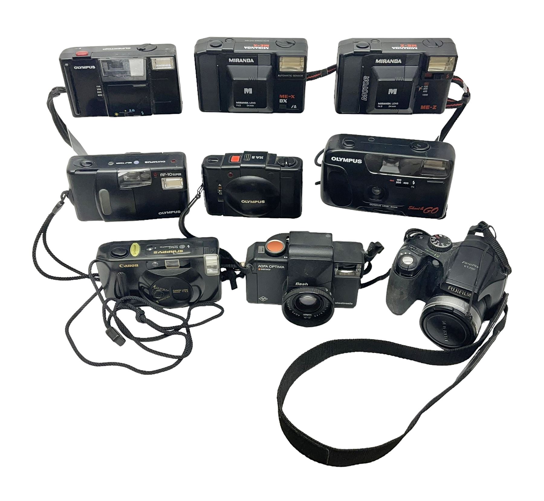 Four Olympus cameras, to include AF10 Super, XA2, Shoot & Go and Supertrip examples, together with Miranda ME-Z and Miranda ME-X DX cameras, an Agfa Optima camera with Agfa Paratonic DIN ASA Solitar 1:2.8/40 lens, Canon Snappy S camera and a Fujifilm Fine Pix S5700 camera, serial no 7WE12368 (8)