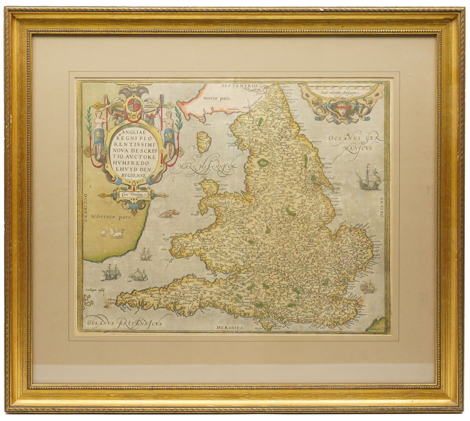 Abraham Ortelius (Belgian 1527-1598): 'Angliae Regni Florentissimi Nova Descriptio', 16th century engraved map of England and Wales with hand-colouring pub. 1573-1581, 38cm x 47cm