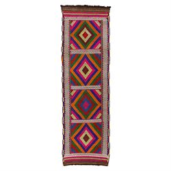 Afghan Suzni flatweave geometric design runner rug, decorated with trailing lozenges decor...