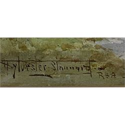 Henry John Sylvester Stannard (British 1870-1951): 'Who'll Buy?' Gypsy Girl at a Thatched Cottage Gate, watercolour signed and titled 24cm x 17cm