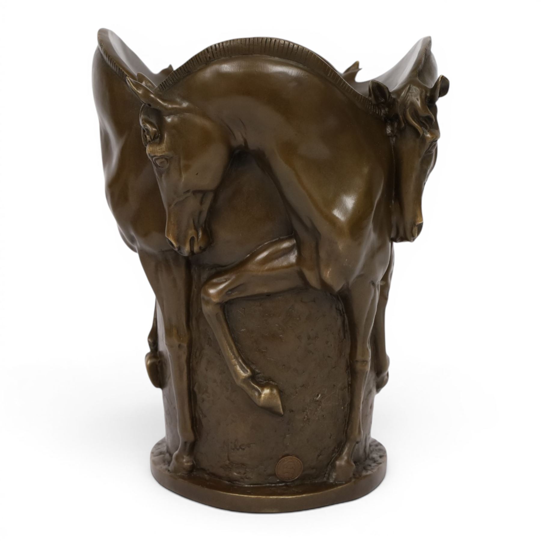 Bronze vase, of tapering cylindrical form, cast with the forms of four prancing horses, signed Milo and with foundry mark, H25cm D19cm