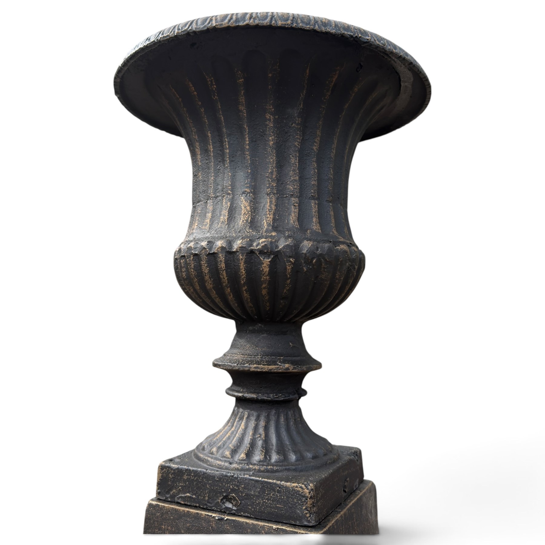 Pair of Neoclassical design black and gilt painted cast iron garden urns of campana form, with egg-and-dart rims and fluted bodies, on knopped stems, fluted socles and stepped square plinth bases