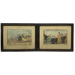 After Isaac Cruikshank (British 1756-1810): 'The Jocose Prisoner & Honest Cryer NB a Joke May be Carried Too Far' and 'Going on a Circuit as Recommended in Sherry's Plan of Economy', pair engravings with hand colouring pub. 1801 & 1803, branded stamps for the Home Brewery, Nottinghamshire verso 25cm x 37cm (2) 
Notes: Home Brewery Co. Ltd, Mansfield Road, Daybrook, Nottinghamshire, registered in August 1890 to acquire a business formerly owned by John Robinson. Acquired by Scottish & Newcastle Breweries Ltd in July 1986 with 447 public houses; brewery closed by Scottish Courage in 1996.