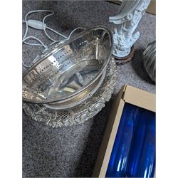 Bristol blue jug, silver and Sheffield plate, Blanc-de-Chine table lamp and a cast shell bowl, etc 